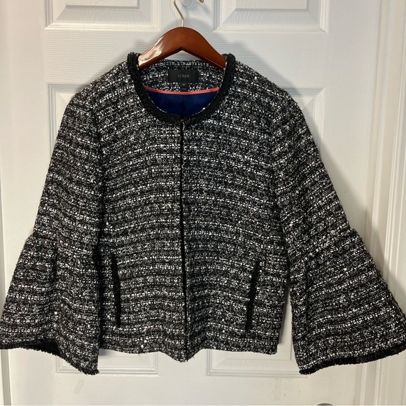 J. Crew Lady Day Black and White sequins Tweed Blazer size 12P, bell sleeves - Picture 1 of 15